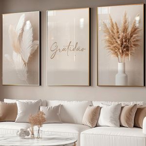 Quadro Decorativos Trio Gratidão Ramo de Trigo Prosperidade Branco Moderno para Sala Hall Escritório