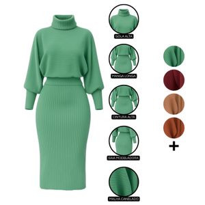 Conjunto Feminino Casual Blusa e Saia Inverno Modelador Canelado Gola Alta Elegante Aconchegante