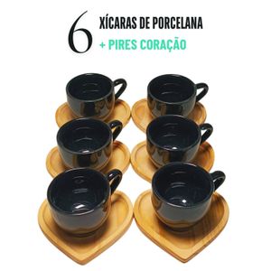 Kit Jogo de Xícaras De Porcelana Café Expresso Com Pires Em Madeira Pinus