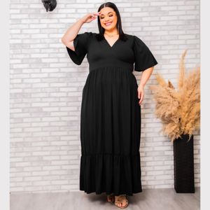 Vestido Plus Size Longo Princesa 3 Marias Manga Curta Boca de Sino Bufante Saia Camada