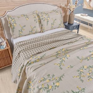 Kit Cobre Leito Colcha King Bouti 3 Peças Dupla Face Estampada Porta Travesseiro Aba Americana