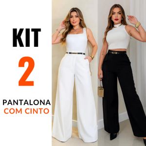 Kit 2 Calça Pantalona Com Cinto e Bolso alfaiataria Feminina Cintura Alta o Zíper Lateral Flare Social Elegante