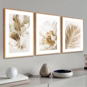 Kit 3 Quadros Decorativos Folhagem Dourada Gold Moldura 40X60 cm Sala Grande Moderno