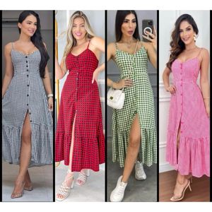 Vestido Longo Xadrez Crepe Luxo com bojo alça ajustável Midi