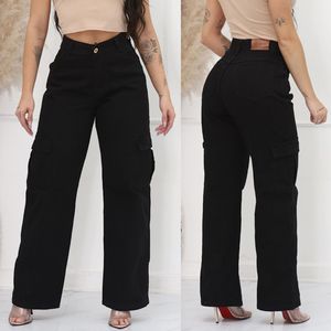 Calça Jeans Feminina Wide Leg Cargo Pantalona Preta Cintura Alta Premium Tecido Grosso Confortável