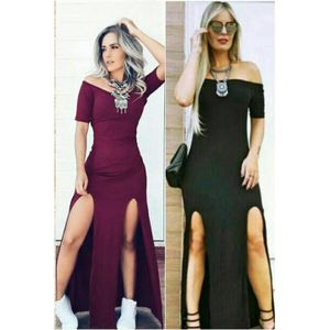 Vestidos Feminino Longo Com Fendas Manga Curta Ciganinha De Malha Com Elastano Vestido Casual Dia a dia