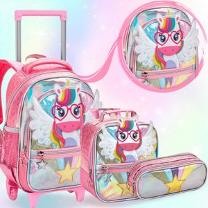 Mochila Infantil Escolar Menina com Rodinha Kit Estojo Lancheira Personagem Unicórnio Princesas
