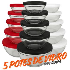 Conjunto com 5 Potes de Vidro com Tampa –135 ml, 200 ml, 400 ml, 550 ml, 1000 ml