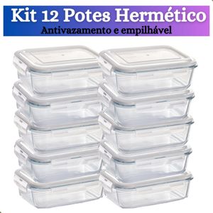 Kit até 12 Pote de Vidro hermético com tampa antivazamento 370 ml, 600, 1040 ml Marmita Papinha