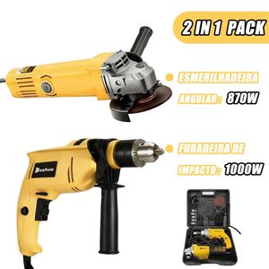 110V/220V Kit Furadeira de Impacto 100mm e Esmerilhadeira Angular e caixa plástica Com Acessórios gratuitos promocional