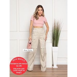 Domi Modas Calça Cargo Wide leg Feminina Sarja bolso Lateral flare pantalona 113