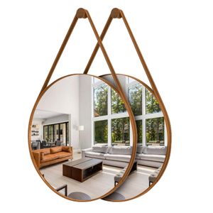 Kit 2 Espelhos Redondos Adnet Moderno Lavabo Quarto Sala Banheiro Alça Em Couro 60cm C/ Pino Suporte