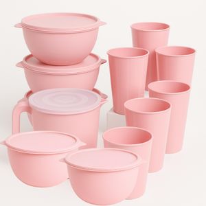 Kit 5 Potes +1 Jarra  de Plástico + 5 Copos Alta Qualidade  Vasilhas de Plástico