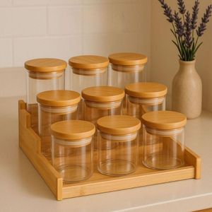 Kit 6 Potes Para Tempero 200ml Vidro Hermético Tampa Bambu Alta Vedação Mantimentos