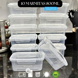 Kit 10 Marmita Potes 800ml com Travas Laterais BPA FREE - Alimentos organizadores de congelador