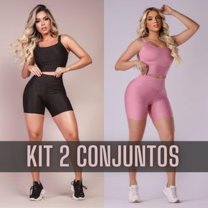 Kit 2 Conjunto Fitness Short e Cropped - Conjunto Academia Cintura Alta
