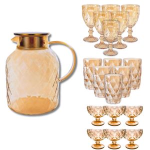 KIT COMPLETO Jarra Diamond 1.5L 6 Taças 320ML 6 Copos 390ML 6 Taças de sobremesa Presente casamento