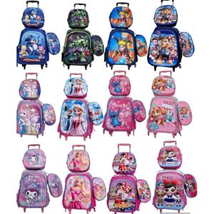 mochila escolar com carrinho para menina e menino kit três peças com lancheira e estojo impermeável com desenhos