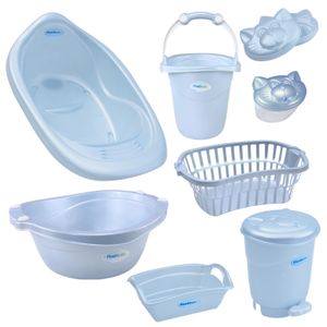 KIT BANHEIRA DE BEBE COM VÁLVULA DE ESCAPE ORGANIZADOR LIXEIRA CESTO TELADO SABONETEIRA  PORTA ALGODÃO Menino PlastiBaby