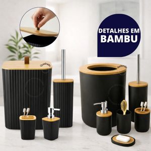 Kit Banheiro Completo Lixeira C/ Tampa Detalhes Em Bambu Luxo