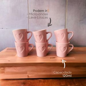 Jogo Kit 6 Canecas Xicaras Café Porcelana Coração Relevo