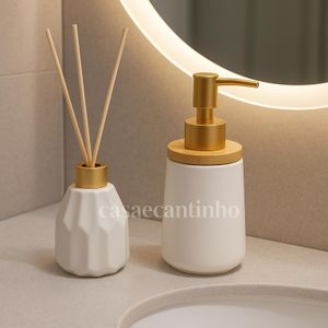 Kit Banheiro Lavabo Porta Sabonete liquido Dispenser e Porta Escova de Dente Cerâmica para Decoração