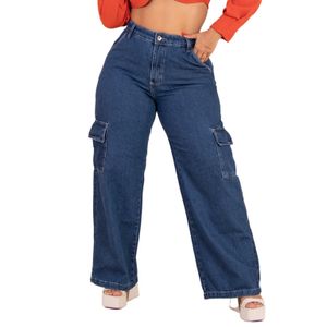 Calça Jeans Cargo Feminina Plus Size Bolsos Laterais