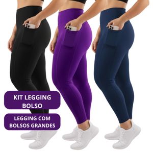 Kit 3 Calça Legging Feminina com Bolso Lateral Fitness Esportiva ideal guardar objetos