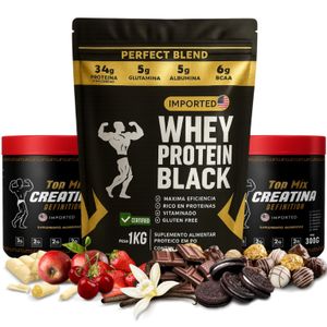 KIT Creatina em Dobro: Whey Protein Isolado Concentrado + 2x Creatina Monohidratada 300g Suplemento